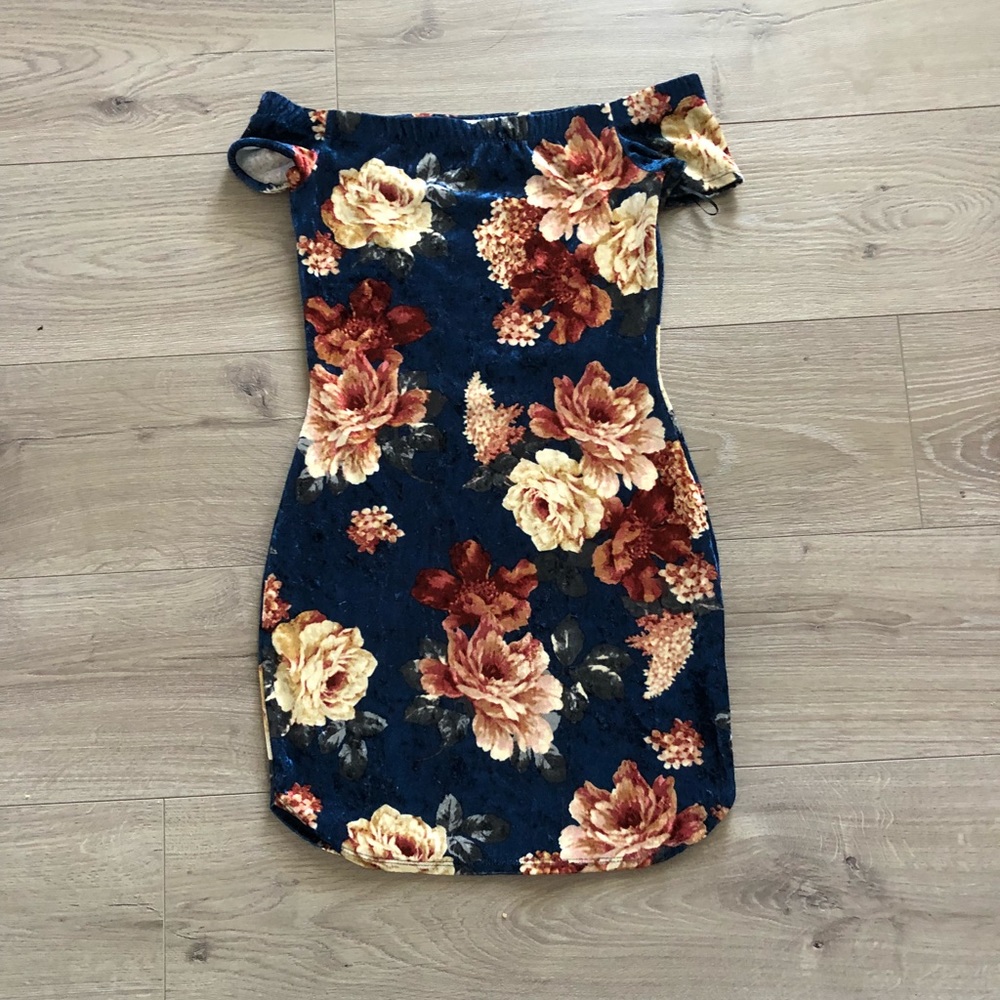 Floral velvet off the shoulder dress